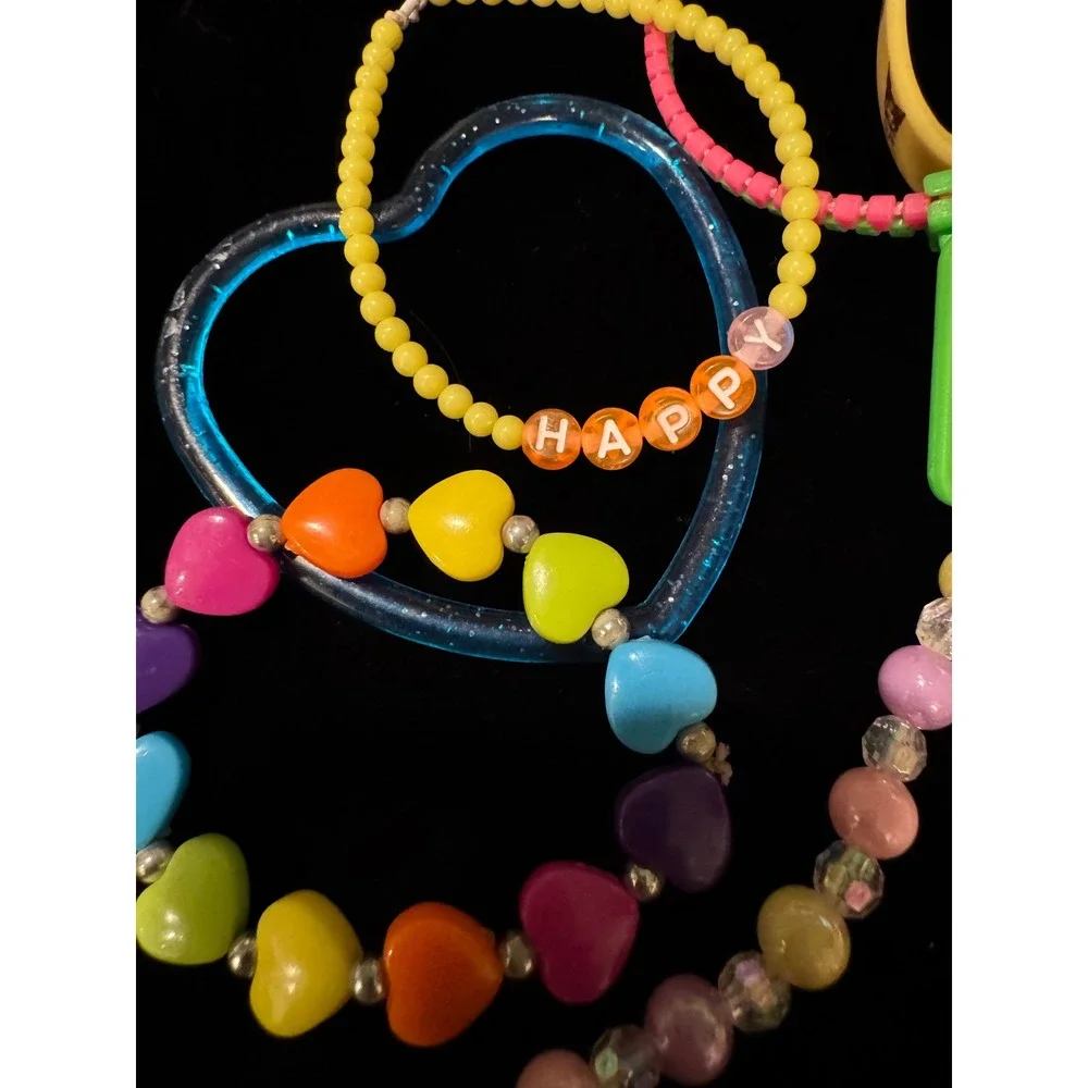 Kids 17pc Jewelry Lot Beaded Necklaces Zipper Heart Bracelets Character Charms